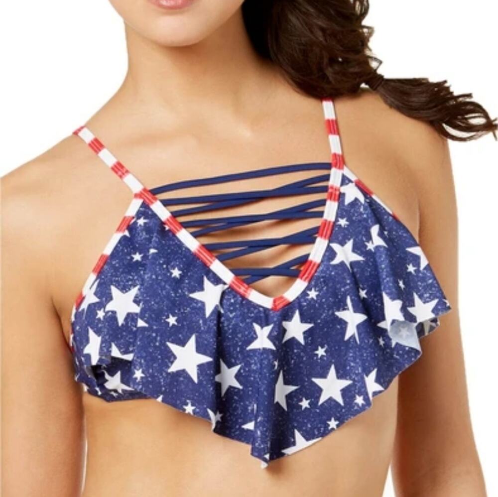 California Waves 2pc flag patriotic flounce top bikini swimsuit size medium